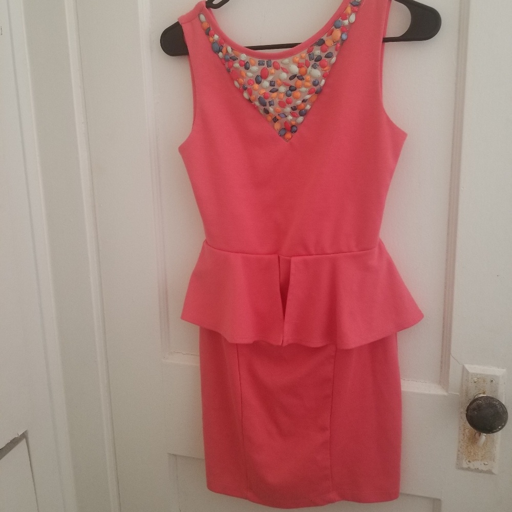 Coral Knee Length Dress With Peplum and Beading